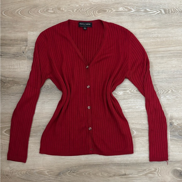 VINTAGE 90s 100% Silk Red Ribbed Button-Up Cardigan Sweater Top V-Neck - Picture 3 of 11